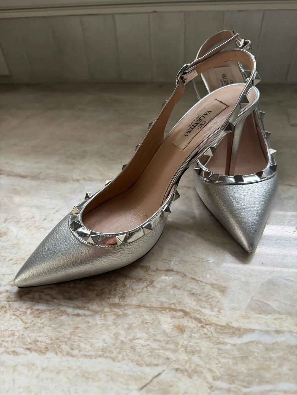 Valentino Garavani Metallic Silver Rockstud Pointed Slingbacks